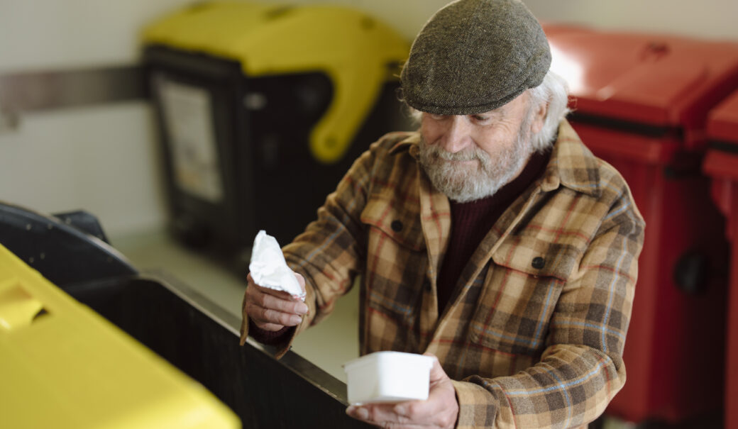 Ein älterer Herr mit Kappe und karierter Jacke trennt einen Topfenbecher. In der einen Hand hält er die Aluplatine, in der anderen Hand den Kunststoffbecher. Im Hintergrund ist ein Müllraum einer Wohnhausanlage zusehen.